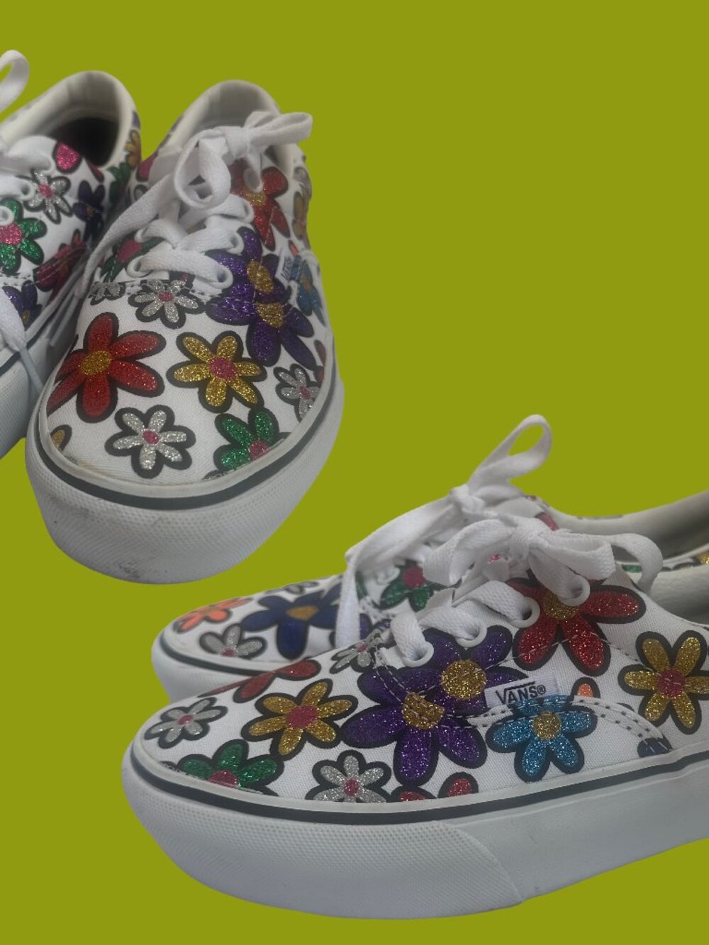 Vans Platform White Rainbow Glitter Flower Daisy Sneakers Size Women's 7.5